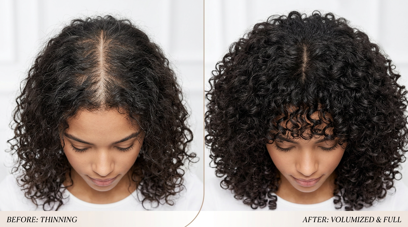 Before and after — curly hair volumized and full after Xylen